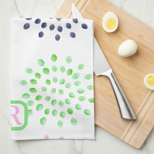 Roze Navy Green Flower Pattern Waterverf Monogram Theedoek (Quarter Fold)