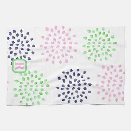Roze Navy Green Flower Pattern Waterverf Monogram Theedoek (Horizontaal)