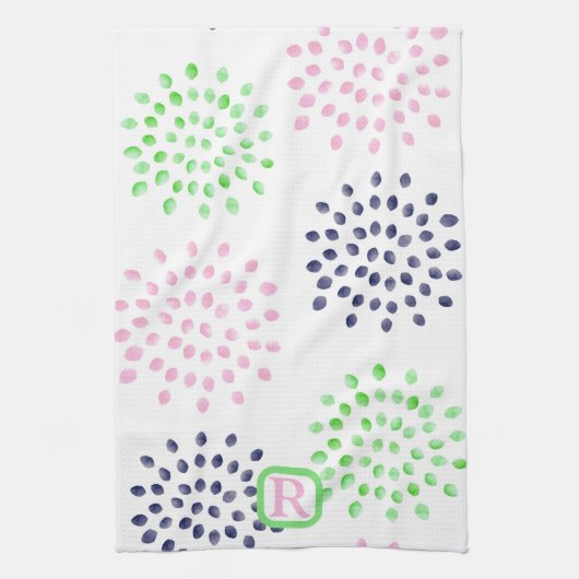 Roze Navy Green Flower Pattern Waterverf Monogram Theedoek (Verticaal)
