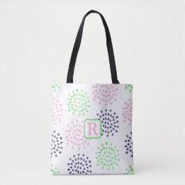 Roze Navy Green Flower Pattern Waterverf Monogram Tote Bag