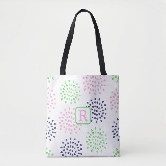 Roze Navy Green Flower Pattern Waterverf Monogram Tote Bag (Voorkant)