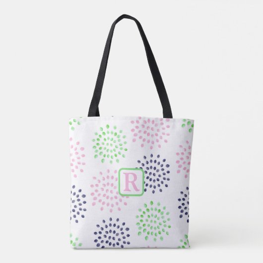 Roze Navy Green Flower Pattern Waterverf Monogram Tote Bag (Achterkant)