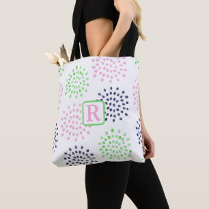 Roze Navy Green Flower Pattern Waterverf Monogram Tote Bag