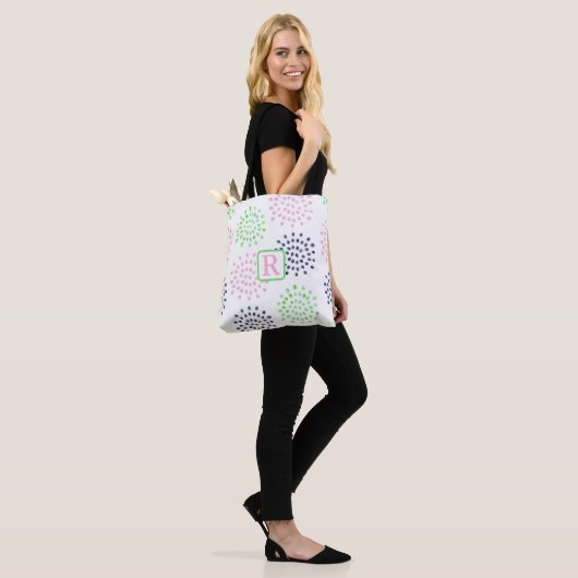 Roze Navy Green Flower Pattern Waterverf Monogram Tote Bag (Op model)