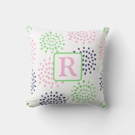 Roze Navy Groen Bloem Patroon Waterverf Monogram Kussen (Voorkant)