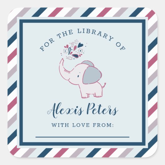Roze & Navy Olifant Baby shower Bibliotheek Boekpl Vierkante Sticker (Voorkant)