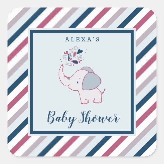 Roze & Navy Olifant & Stripes Baby shower Favor Vierkante Sticker (Voorkant)