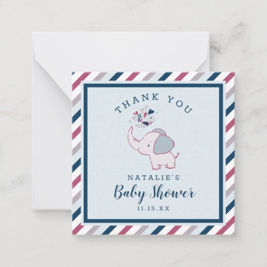 Roze & Navy Schattigee olifant Baby shower Dank u Notitiekaartje (Voorkant)