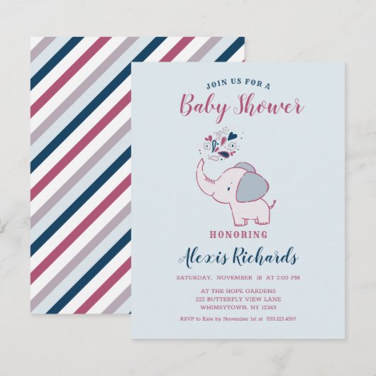 Roze & Navy Schattigee olifant thema Baby shower Kaart (Voorkant / Achterkant)