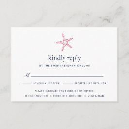 Roze & Navy Starfish RSVP-kaart met Maaltijdkeuze RSVP Kaartje