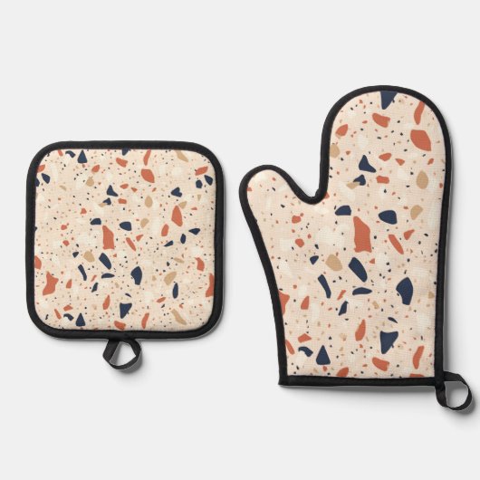 Roze Navy Terrazzo Effect Ovenwant & Pannenlap Set (Voorkant)