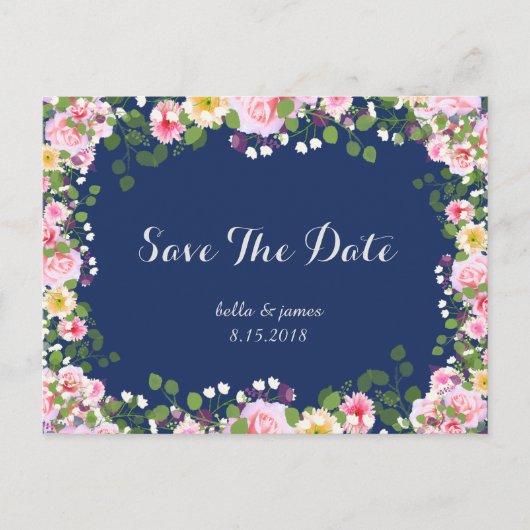 Roze Navyblauwe Save The Date-ansichtkaarten Aankondigingskaart (Voorkant)