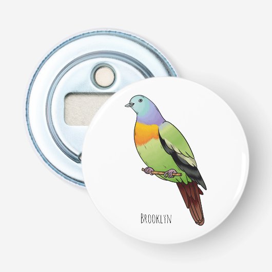 Roze-nekkige groene duivenvogel cartoon afbeelding button flesopener (Voorkant)