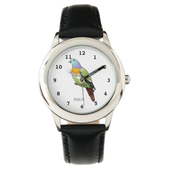 Roze-nekkige groene duivenvogel cartoon afbeelding horloge (Voorkant)