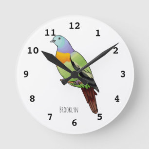 Roze-nekkige groene duivenvogel cartoon afbeelding ronde klok