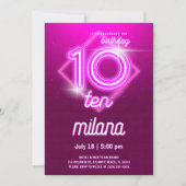 Roze Neon 10th Birthday Party Invitation Kaart (Voorkant)