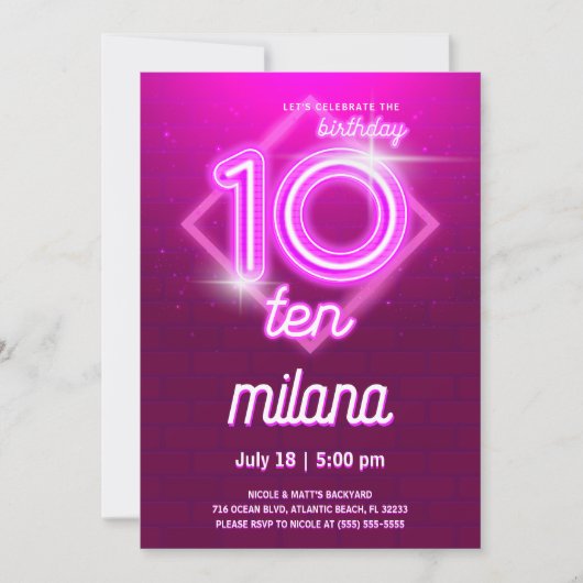 Roze Neon 10th Birthday Party Invitation Kaart (Voorkant)