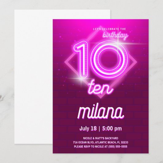 Roze Neon 10th Birthday Party Invitation Kaart (Voorkant / Achterkant)