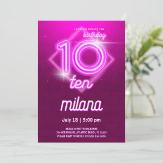Roze Neon 10th Birthday Party Invitation Kaart
