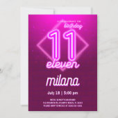 Roze Neon 11th Birthday Party Invitation Kaart (Voorkant)