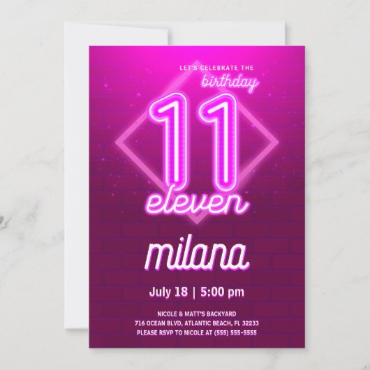 Roze Neon 11th Birthday Party Invitation Kaart (Voorkant)