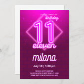 Roze Neon 11th Birthday Party Invitation Kaart (Voorkant / Achterkant)