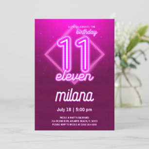 Roze Neon 11th Birthday Party Invitation Kaart