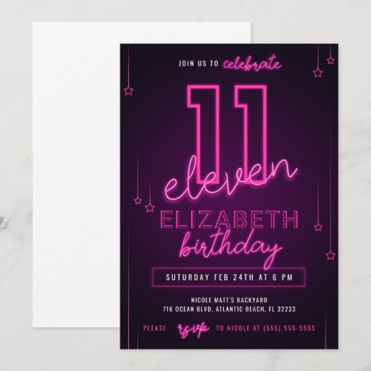 Roze Neon 11th Birthday Party Let's Glow Crazy Kaart (Voorkant / Achterkant)