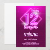 Roze Neon 12e verjaardag Kaart uitnodiging (Voorkant / Achterkant)