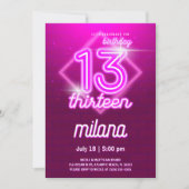 Roze Neon 13th Birthday Party Invitation Kaart (Voorkant)