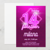 Roze Neon 14e verjaardag Kaart uitnodiging (Voorkant / Achterkant)