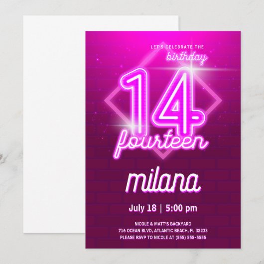 Roze Neon 14e verjaardag Kaart uitnodiging (Voorkant / Achterkant)