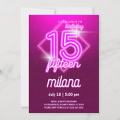 Roze Neon 15th Birthday Party Invitation Kaart (Voorkant)