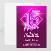 Roze Neon 15th Birthday Party Invitation Kaart (Voorkant / Achterkant)