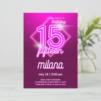Roze Neon 15th Birthday Party Invitation Kaart