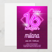 Roze Neon 16e verjaardag Kaart uitnodiging (Voorkant / Achterkant)