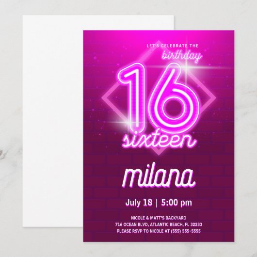 Roze Neon 16e verjaardag Kaart uitnodiging (Voorkant / Achterkant)