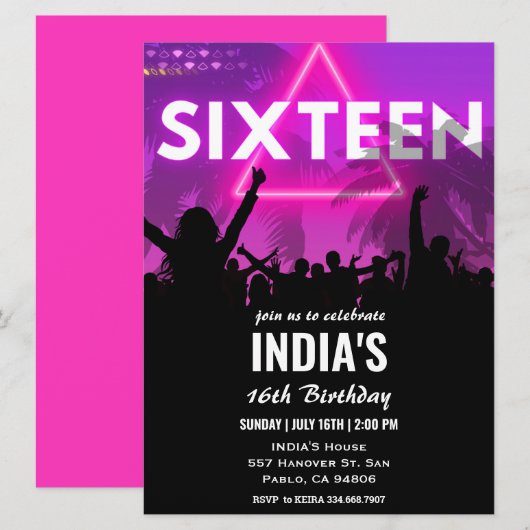Roze Neon 16e verjaardag Party uitnodiging (Voorkant / Achterkant)