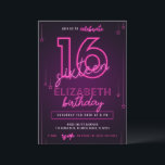 Roze Neon 16th Birthday Party Let's Glow Crazy Kaart<br><div class="desc">Deze aanpasbare Kaart met uitnodigingen voor roze Neon Birthday is ontworpen voor neonkleurige tekst,  neondecoraties en paarse achtergrond. Overeenkomende objecten beschikbaar.</div>