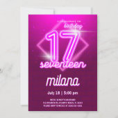 Roze Neon 17th Birthday Party Invitation Kaart (Voorkant)