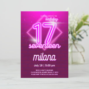 Roze Neon 17th Birthday Party Invitation Kaart