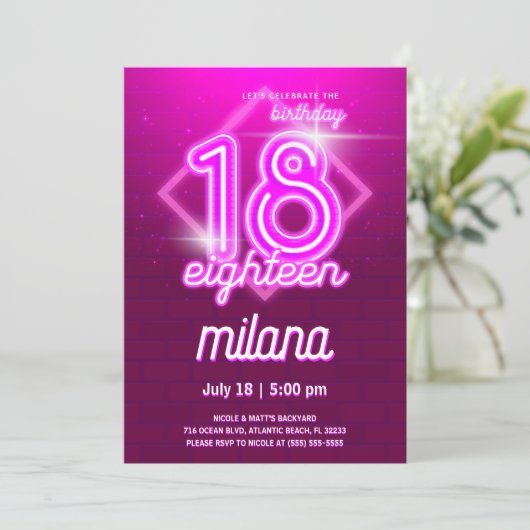 Roze Neon 18th Birthday Party Invitation Kaart (Staand voorkant)