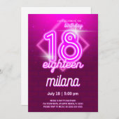 Roze Neon 18th Birthday Party Invitation Kaart (Voorkant / Achterkant)