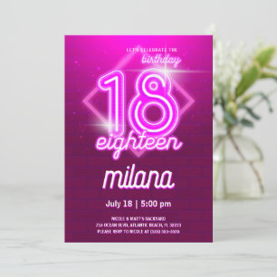 Roze Neon 18th Birthday Party Invitation Kaart
