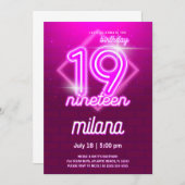 Roze Neon 19th Birthday Party Invitation Kaart (Voorkant / Achterkant)