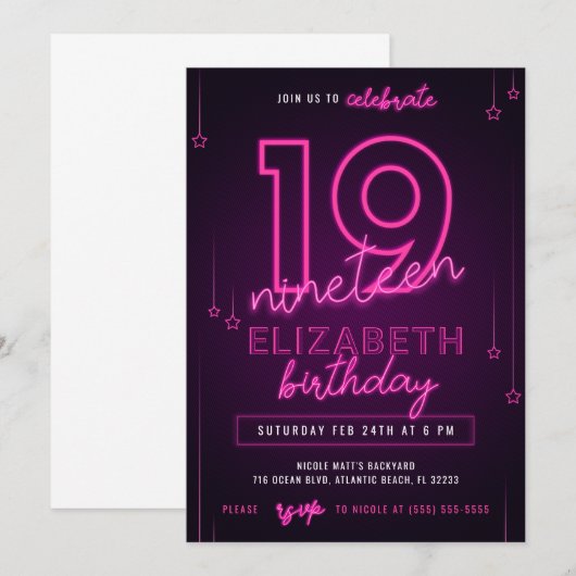 Roze Neon 19th Birthday Party Let's Glow Crazy Kaart (Voorkant / Achterkant)