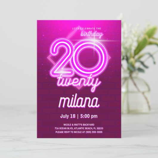 Roze Neon 20th Birthday Party Invitation Kaart (Staand voorkant)
