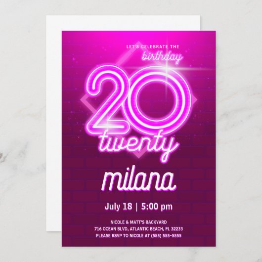 Roze Neon 20th Birthday Party Invitation Kaart (Voorkant / Achterkant)