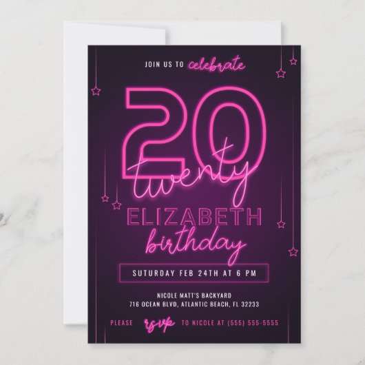 Roze Neon 20th Birthday Party Let's Glow Crazy Kaart (Voorkant)