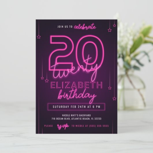 Roze Neon 20th Birthday Party Let's Glow Crazy Kaart (Staand voorkant)